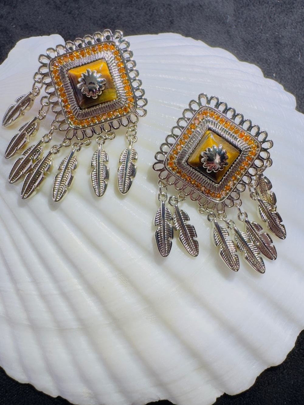 Tiger’s Eye CZ Feather Statement Drop Earrings - Picture 3 of 7